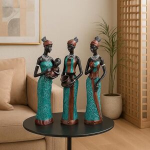 Xtore Beautiful Finish Uniquely Hand Crafted Home Decor African Tribal Women Art Piece - (Set of 3, Green and Black Color)