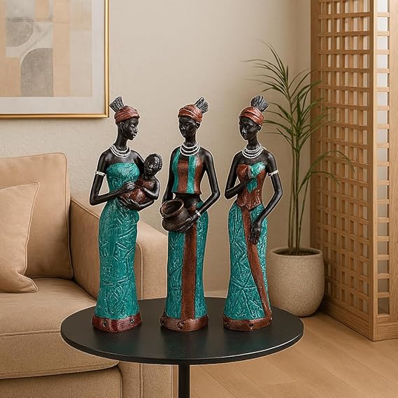 Xtore Beautiful Finish Uniquely Hand Crafted Home Decor African Tribal Women Art Piece - (Set of 3, Green and Black Color)